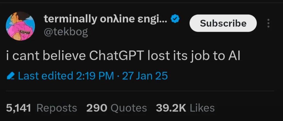 i cant believe ChatGPT lost its job to AI — non posso credere che ChatGPT abbia perso il lavoro per colpa dell'IA