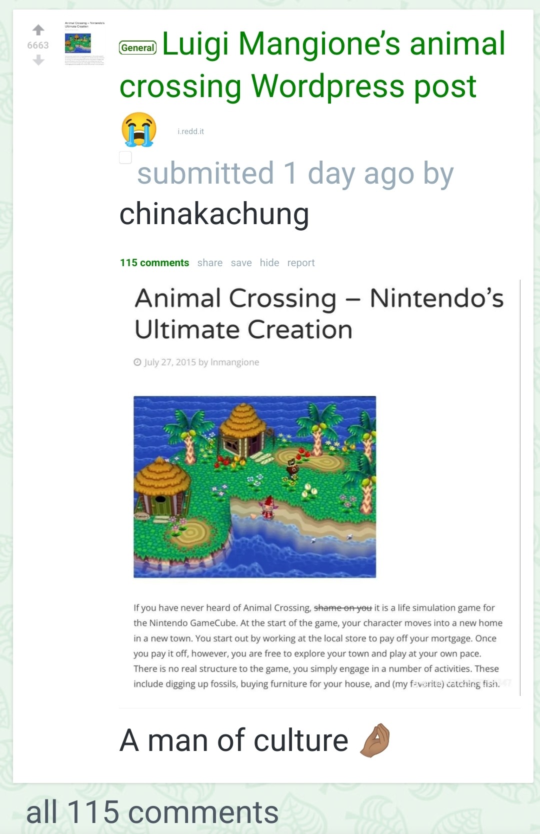 Luigi Mangione's Animal Crossing WordPress post 😭