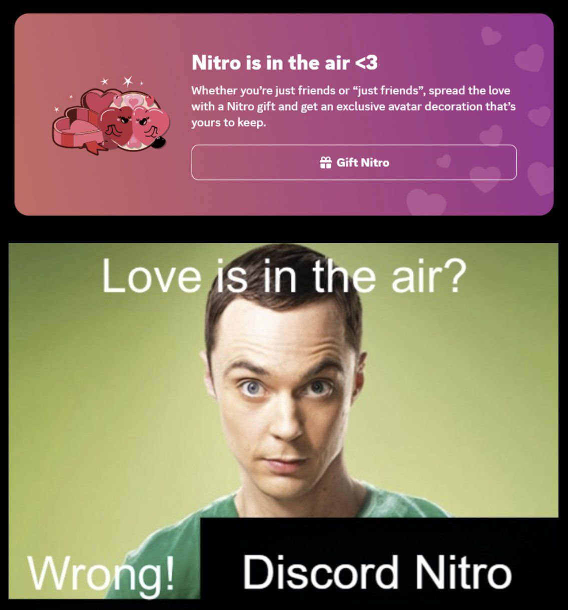"Love is in the air? Wrong! Discord Nitro" — "L'amore è nell'aria? Sbagliato! Discord Nitro"