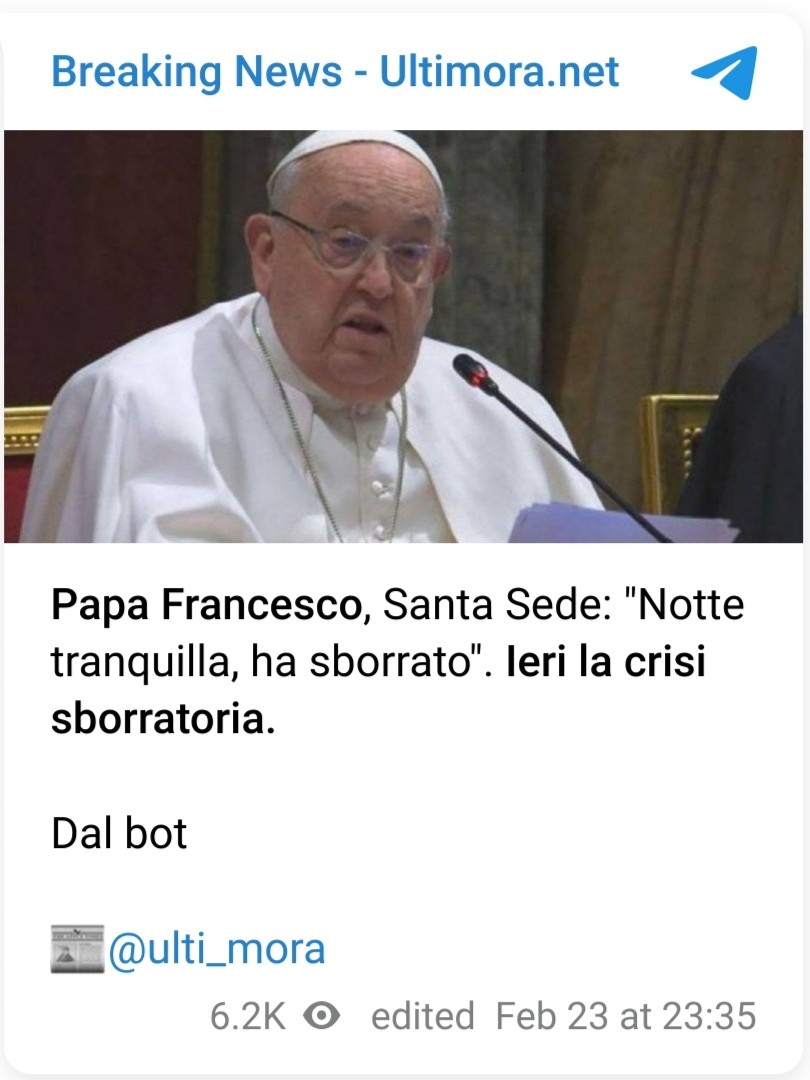 «Papa Francesco, Santa Sede: "Notte tranquilla, ha sborrato". Ieri la crisi sborratoria.»